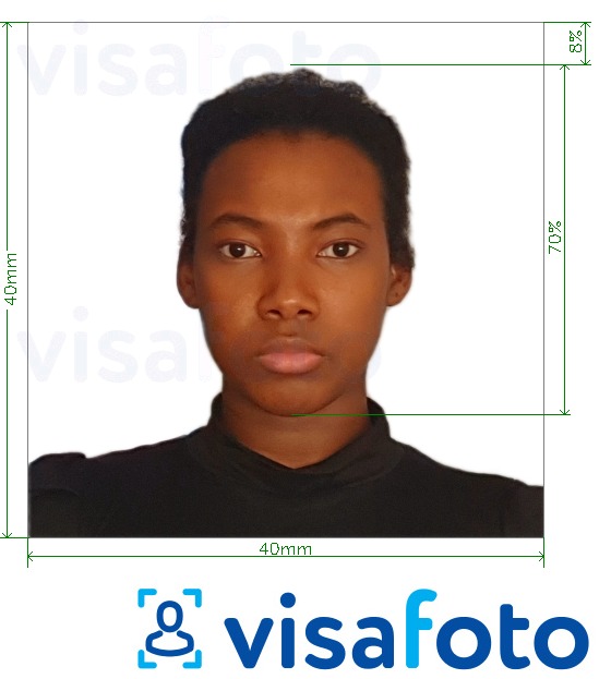 सटीक आकार विनिर्देश के साथ कांगो (ब्राज़विले) पासपोर्ट 4x4 सेमी (40x40 मिमी) के लिए तस्वीर का उदाहरण