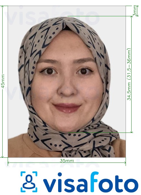 सटीक आकार विनिर्देश के साथ कजाखस्तान पासपोर्ट 35x45 मिमी (3.5x4.5 सेमी) के लिए तस्वीर का उदाहरण