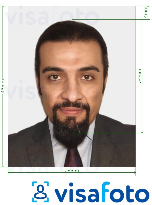 सटीक आकार विनिर्देश के साथ कतर पासपोर्ट 38x48 मिमी (3.8x4.8 सेमी) के लिए तस्वीर का उदाहरण