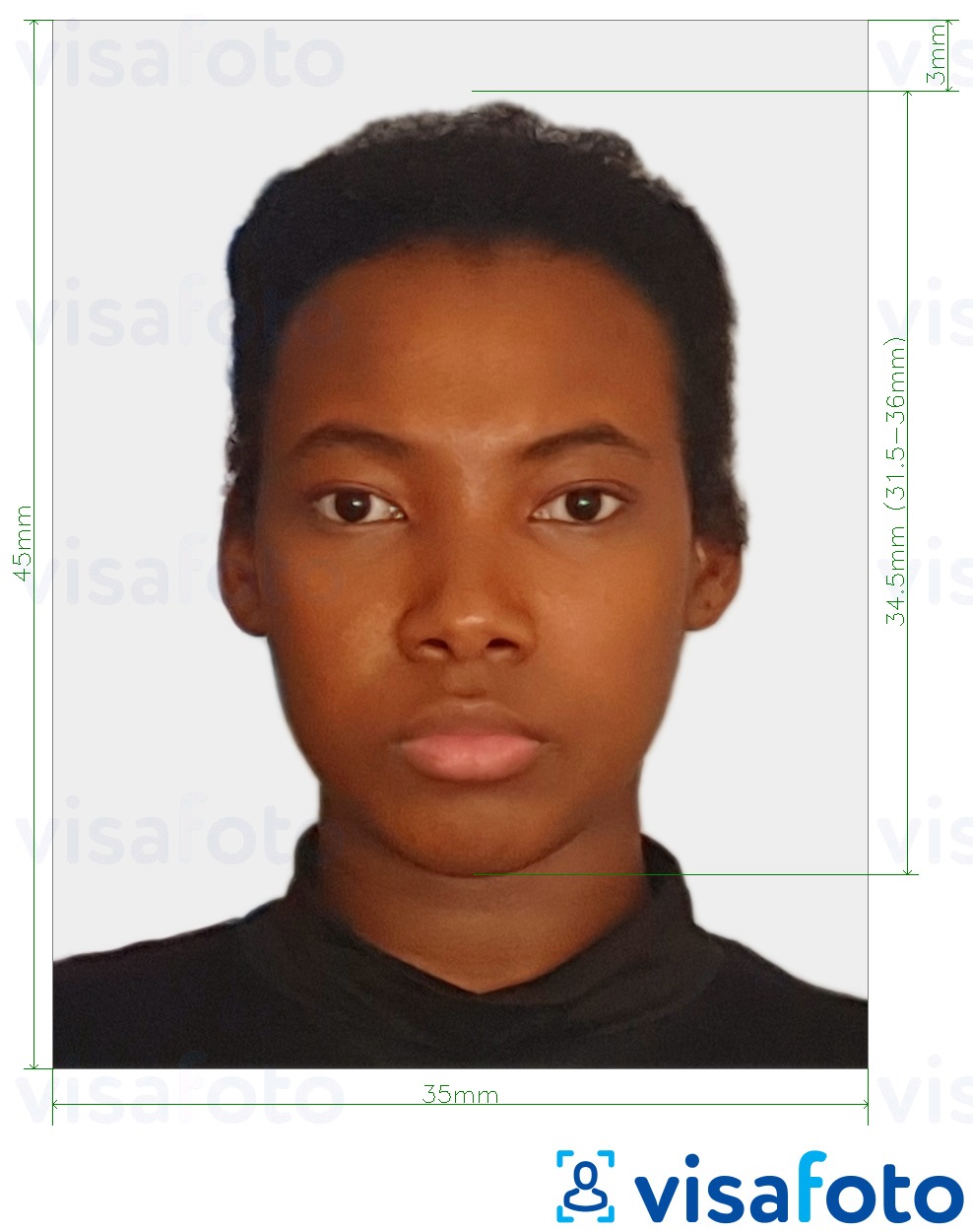 सटीक आकार विनिर्देश के साथ दक्षिण अफ्रीका पासपोर्ट 35x45 मिमी (3.5x4.5 सेमी) के लिए तस्वीर का उदाहरण