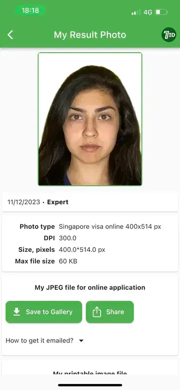 Muestra de fotografía para la visa de Singapur