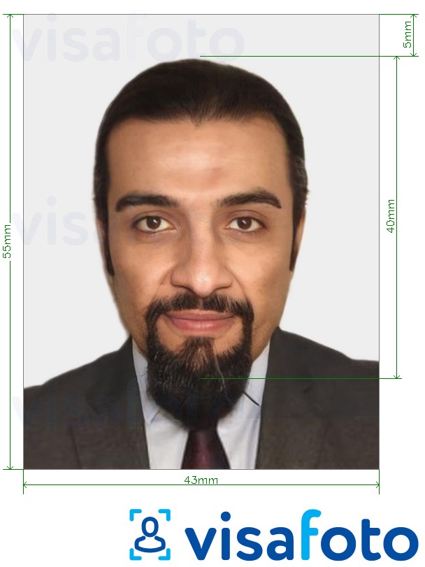 सटीक आकार विनिर्देश के साथ संयुक्त अरब अमीरात वीजा ऑफ़लाइन 43x55 मिमी के लिए तस्वीर का उदाहरण