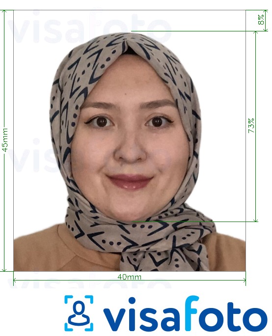 सटीक आकार विनिर्देश के साथ अफगानिस्तान पासपोर्ट 4x4.5 सेमी (40x45 मिमी) के लिए तस्वीर का उदाहरण