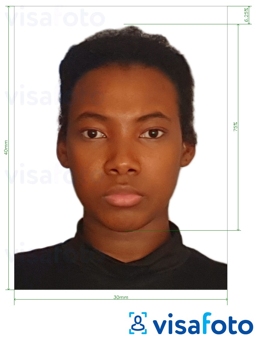 सटीक आकार विनिर्देश के साथ बोत्सवाना पासपोर्ट 3x4 सेमी (30x40 मिमी) के लिए तस्वीर का उदाहरण