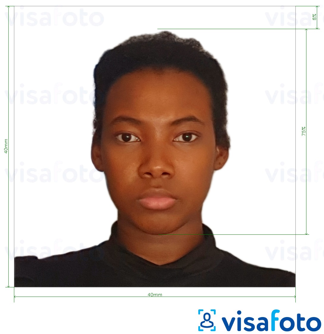 सटीक आकार विनिर्देश के साथ कैमरून पासपोर्ट 4x4 सेमी (40x40 मिमी) के लिए तस्वीर का उदाहरण