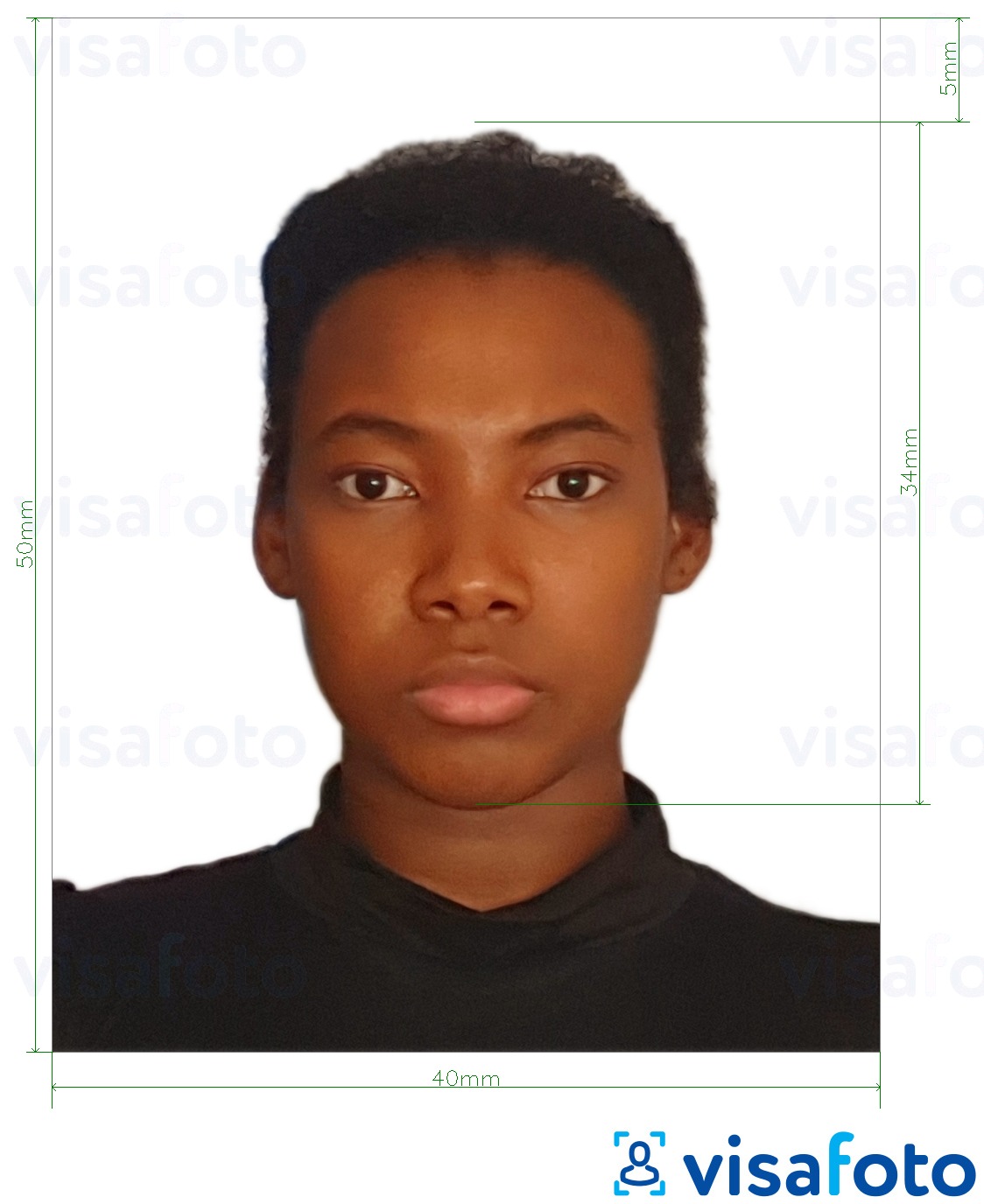 सटीक आकार विनिर्देश के साथ कैमरून पासपोर्ट 4x5 सेमी (40x50 मिमी) के लिए तस्वीर का उदाहरण