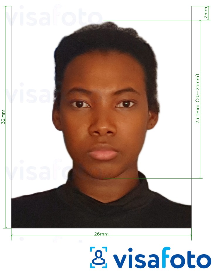 सटीक आकार विनिर्देश के साथ गुयाना पासपोर्ट 32x26 मिमी (1.26x1.02 इंच) के लिए तस्वीर का उदाहरण