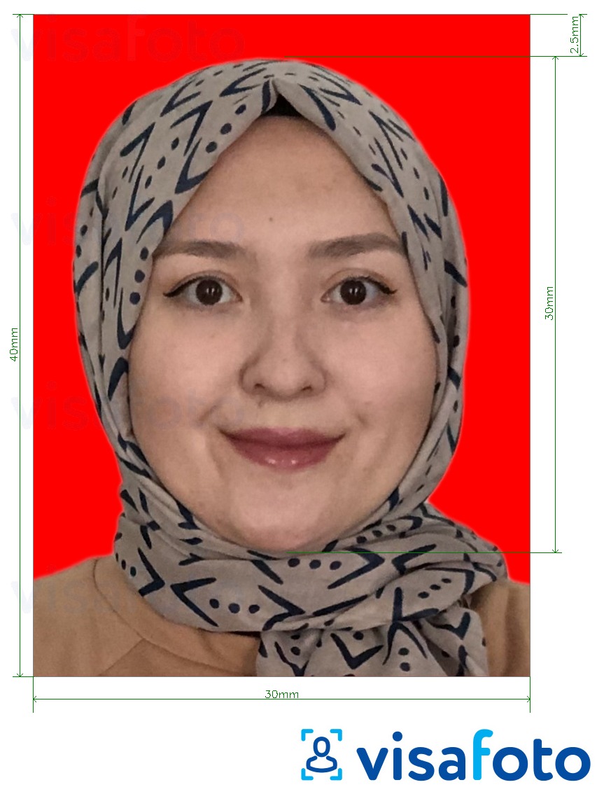 सटीक आकार विनिर्देश के साथ इंडोनेशिया वीज़ा 3x4 सेमी (30x40 मिमी) ऑनलाइन लाल पृष्ठभूमि के लिए तस्वीर का उदाहरण