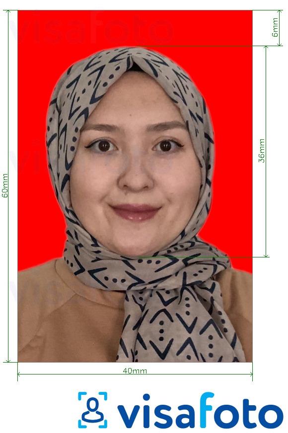 सटीक आकार विनिर्देश के साथ इंडोनेशिया वीज़ा 4x6 सेमी लाल पृष्ठभूमि के लिए तस्वीर का उदाहरण