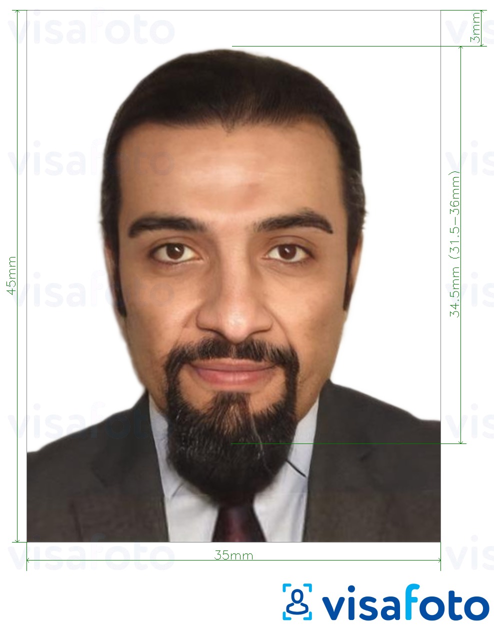 सटीक आकार विनिर्देश के साथ इराक पासपोर्ट 35x45 मिमी (3.5x4.5 सेमी) के लिए तस्वीर का उदाहरण