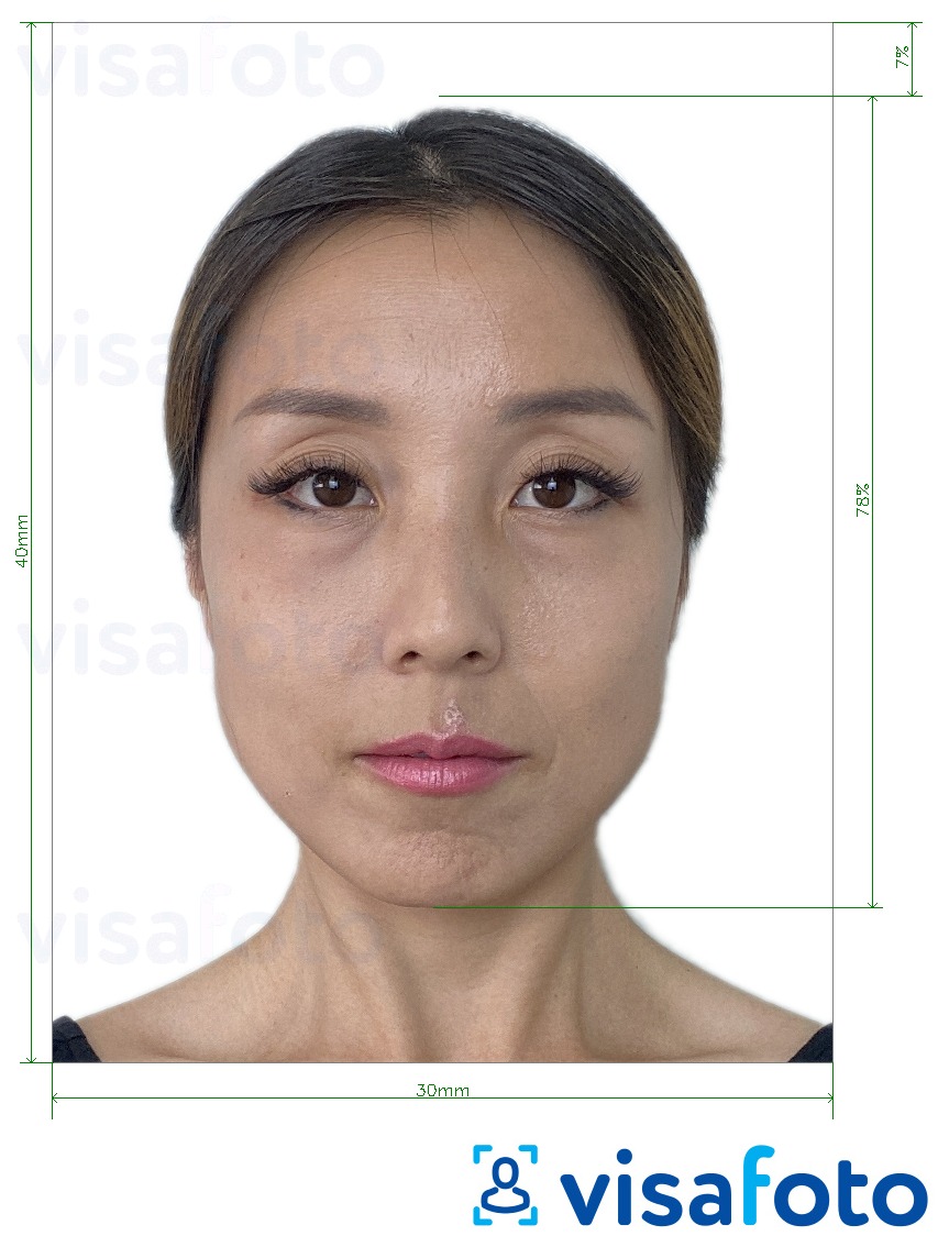 सटीक आकार विनिर्देश के साथ दक्षिण कोरिया विदेशी पंजीकरण 3x4 सेमी (30x40 मिमी) के लिए तस्वीर का उदाहरण