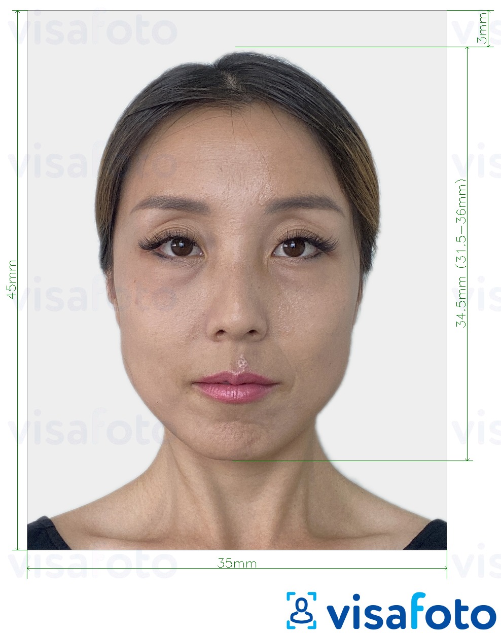 सटीक आकार विनिर्देश के साथ दक्षिण कोरिया पासपोर्ट 35x45 मिमी (3.5x4.5 सेमी) के लिए तस्वीर का उदाहरण
