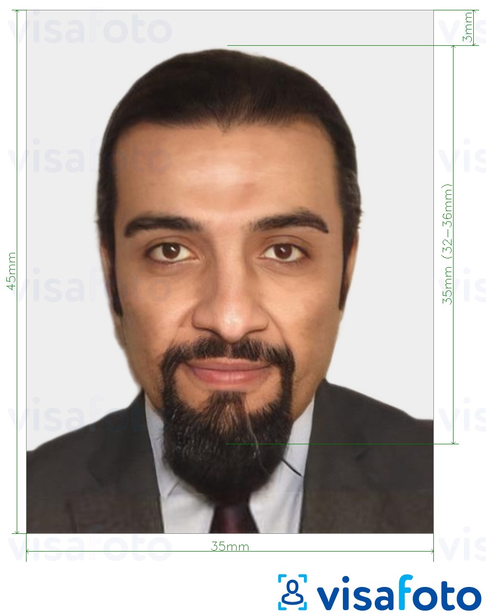 सटीक आकार विनिर्देश के साथ मोरक्को पासपोर्ट 35x45 मिमी (3.5x4.5 सेमी) के लिए तस्वीर का उदाहरण