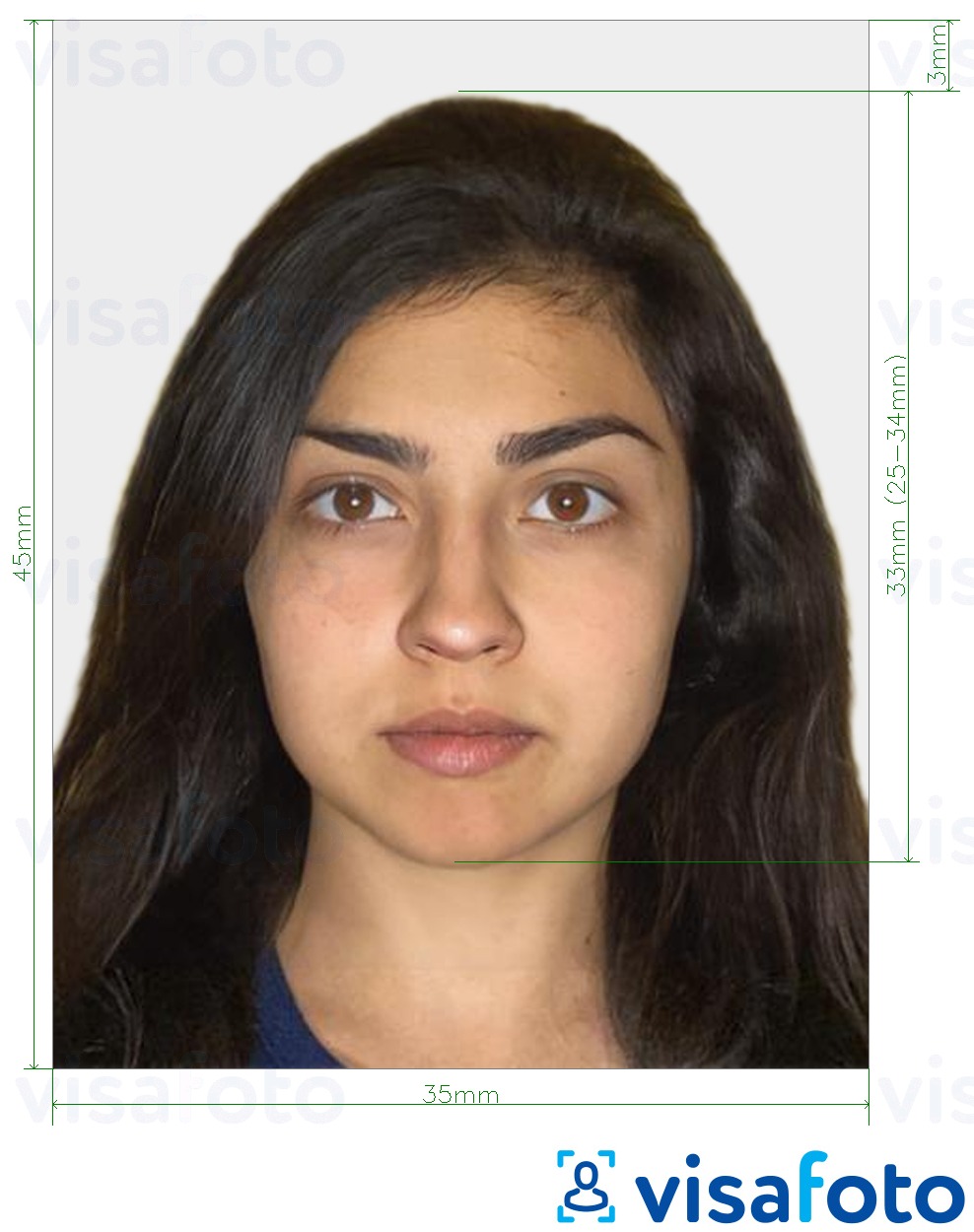 सटीक आकार विनिर्देश के साथ मॉरीशस पासपोर्ट 35x45 मिमी (40x50 मिमी तक) के लिए तस्वीर का उदाहरण