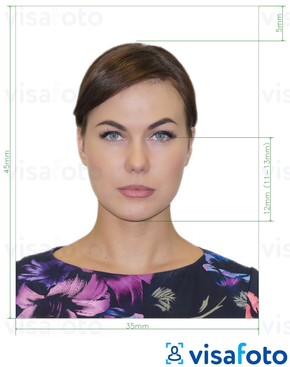 सटीक आकार विनिर्देश के साथ रूस पासपोर्ट (ठोड़ी के नीचे 12 मिमी), 35x45 मिमी के लिए तस्वीर का उदाहरण