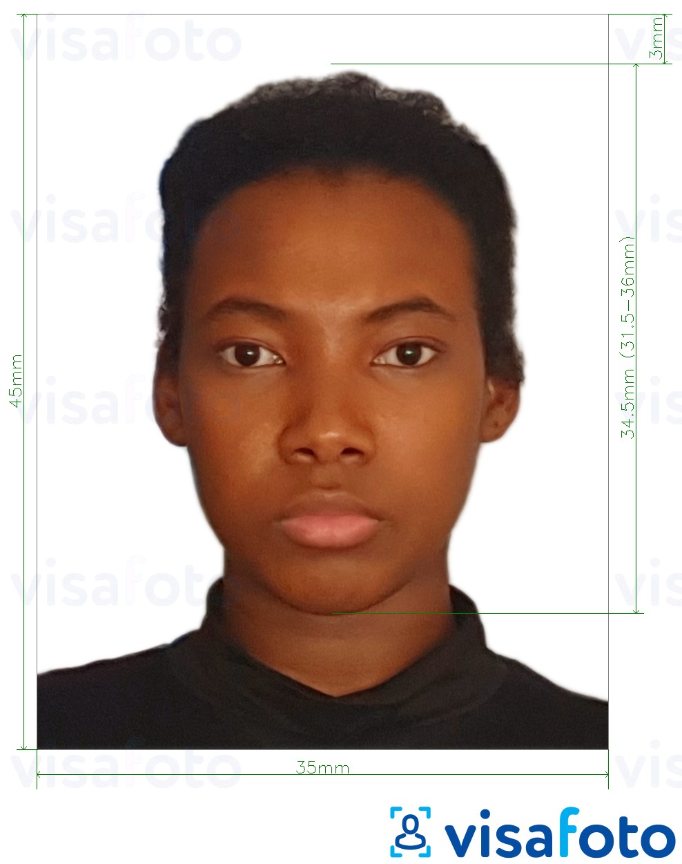 सटीक आकार विनिर्देश के साथ सेशल्स पासपोर्ट 35x45 मिमी (45x50 मिमी तक) के लिए तस्वीर का उदाहरण