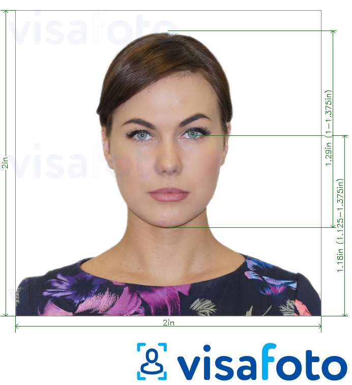 सटीक आकार विनिर्देश के साथ यूएस पासपोर्ट कार्ड 2x2 इंच के लिए तस्वीर का उदाहरण
